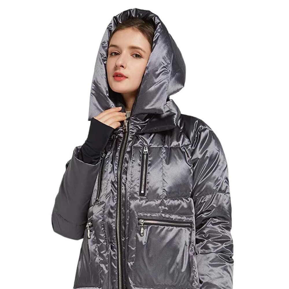 Orolay black satin finish puffer coat S duck down fill urban edgy mid length - Picture 4 of 13